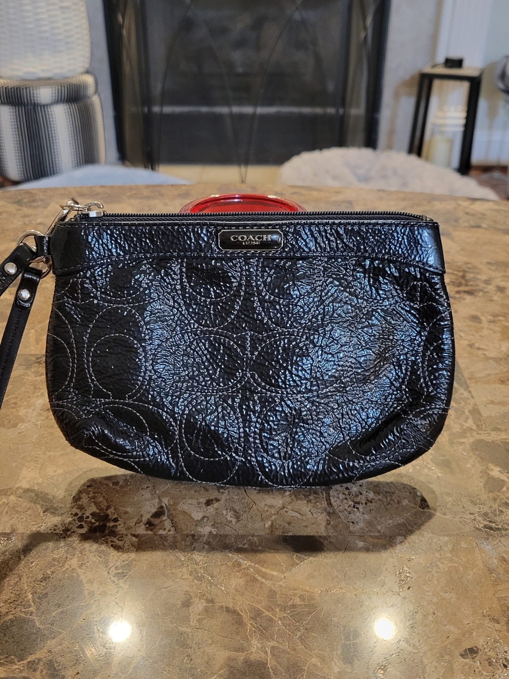 Coach Black Patent Signature Wristlet with White Accent